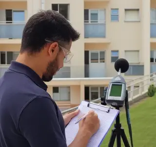 Profissional utilizando sonômetro em avaliação técnica